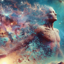 cosmic humanoid figure dissolves into stardust, merging with a vibrant, nebula-filled universe; the image symbolizes ego death, spiritual awakening, and the transcendence of the self into universal consciousness.