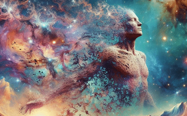 cosmic humanoid figure dissolves into stardust, merging with a vibrant, nebula-filled universe; the image symbolizes ego death, spiritual awakening, and the transcendence of the self into universal consciousness.