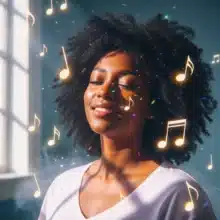 Woman bathed in soft sunlight surrounded by glowing musical notes, evoking the ethereal and calming energy of 432 Hz frequencies.