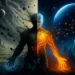 A surreal digital painting in landscape view shows a humanoid figure standing at the center of two contrasting worlds. The left side is dark and stormy, with swirling clouds, a cratered moon, jagged rocks, and shadowy tendrils. The figure’s left half is textured like bark, emitting a faint blue glow. The right side is luminous and cosmic, featuring a glowing blue planet, constellations, crystalline towers, and warm swirling light. The figure’s right half radiates fiery energy from a spiral at its chest. The image symbolizes duality, transformation, and balance between darkness and light.