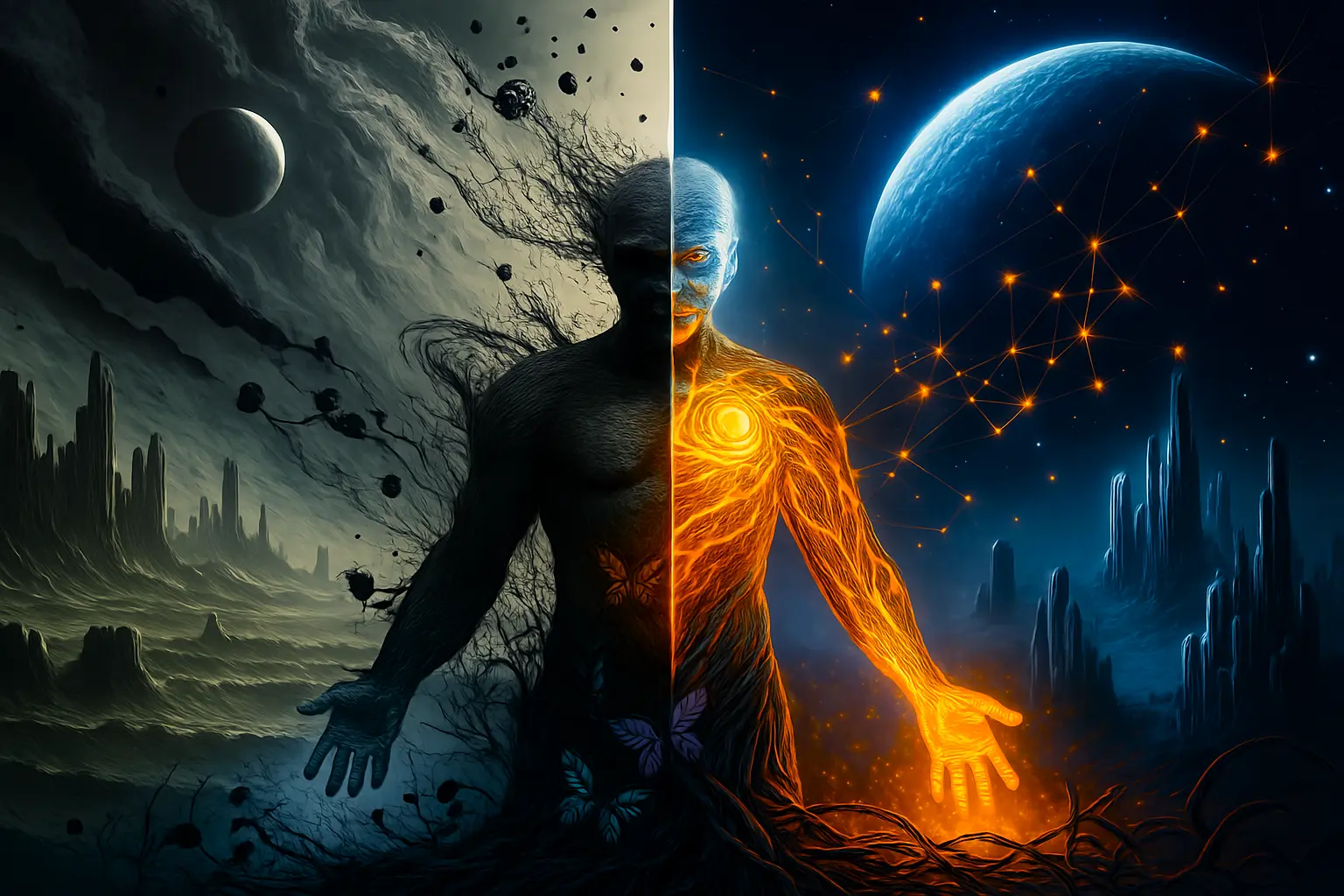 A surreal digital painting in landscape view shows a humanoid figure standing at the center of two contrasting worlds. The left side is dark and stormy, with swirling clouds, a cratered moon, jagged rocks, and shadowy tendrils. The figure’s left half is textured like bark, emitting a faint blue glow. The right side is luminous and cosmic, featuring a glowing blue planet, constellations, crystalline towers, and warm swirling light. The figure’s right half radiates fiery energy from a spiral at its chest. The image symbolizes duality, transformation, and balance between darkness and light.
