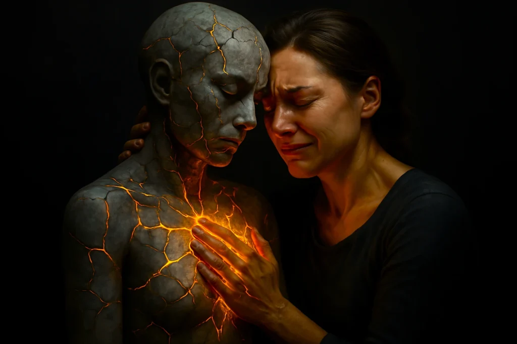 Woman embraces cracked statue of herself, golden light mending wounds in surreal act of self-forgiveness.