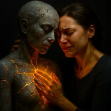 Woman embraces cracked statue of herself, golden light mending wounds in surreal act of self-forgiveness.