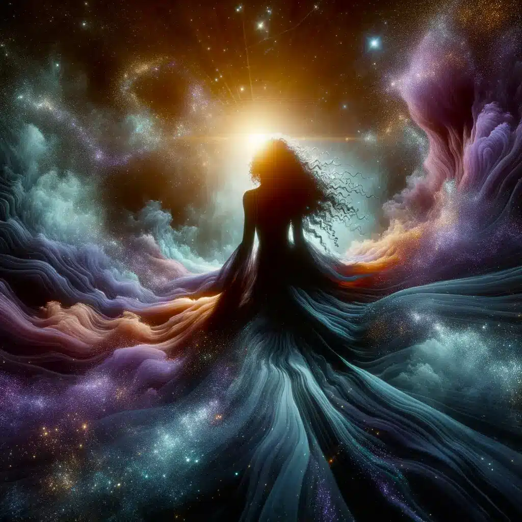 Silhouette of a figure standing in a cosmic dreamscape with glowing light behind them, evoking awe and the threshold of the bliss state.