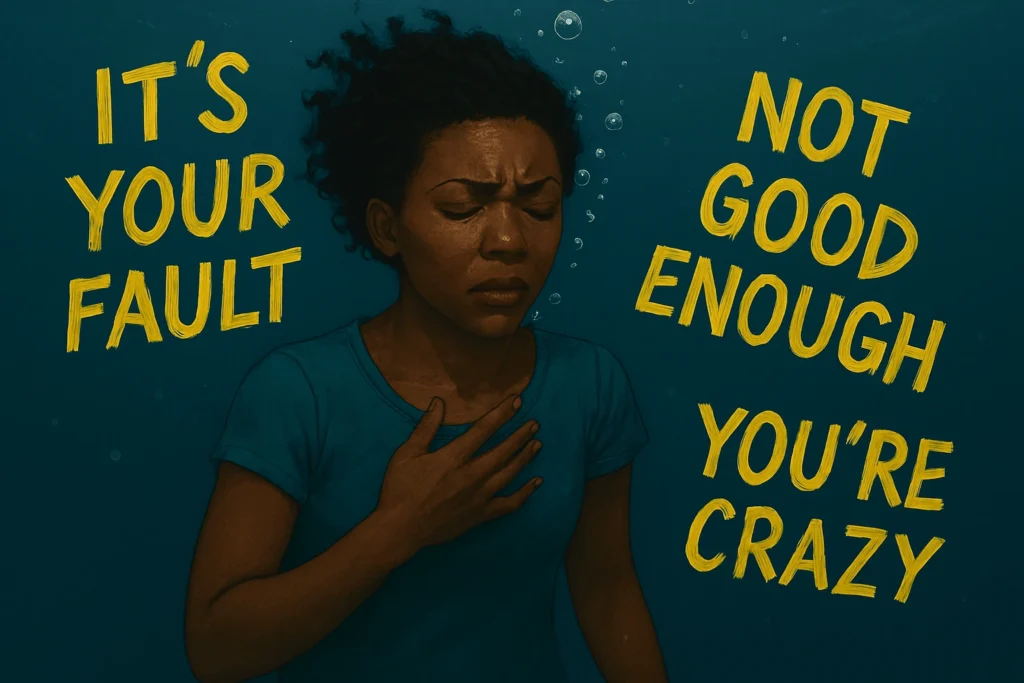 A digital painting of a distressed Black woman underwater, surrounded by tilted yellow phrases like “It’s your fault,” “Not good enough,” and “You’re crazy,” visually representing the emotional weight of abuse. The image symbolizes the struggle to block emotional abuse and reclaim personal power.