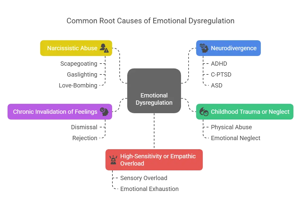 Diagram showing five common root causes that disrupt emotional self regulation, including narcissistic abuse, neurodivergence, trauma, invalidation, and high sensitivity.