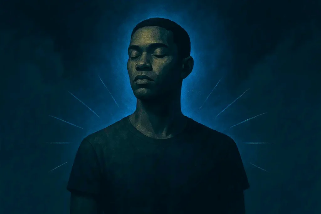 A serene man with his eyes closed, symbolizing the unbreakable inner peace and emotional detachment achieved after using the gray rock method to stop manipulation.