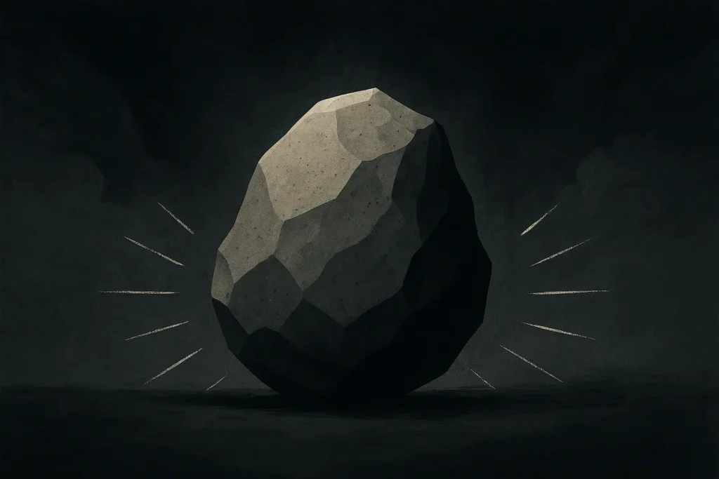 A powerful, stylized image of a single gray rock, symbolizing the gray rock method. It stands unmoving and unresponsive in a dark, moody setting.