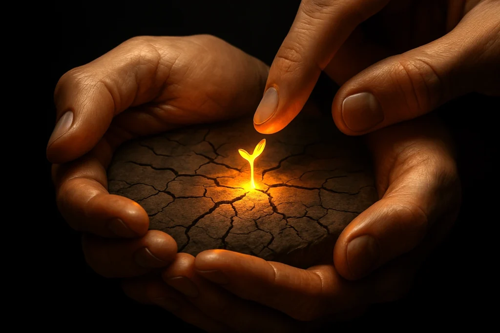 Extreme close-up of a pair of cupped human hands holding a miniature landscape of dry, cracked earth, symbolizing emotional desolation. A single finger gently plants a tiny, glowing golden seedling into a fissure in the barren soil. The seedling emits a warm light that begins to heal the cracks around it. The background is a dark, soft-focus void, with cinematic lighting highlighting the hands and the luminous seedling, evoking themes of tenderness, hope, and inner restoration.