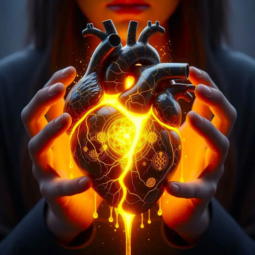 A person gently holds a cracked obsidian heart, symbolizing the pain when it's hard to forgive yourself, as glowing golden light with sacred geometry heals it from within.