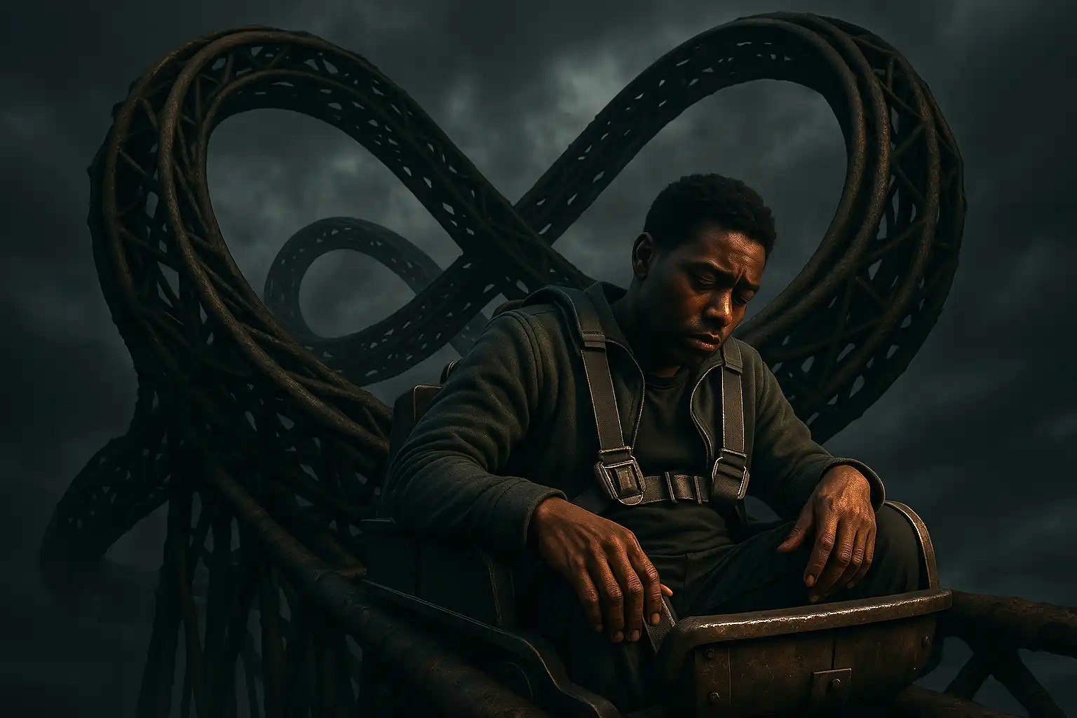 A hyper-realistic image of a weary Black man in his 30s sitting alone in a rusted roller coaster cart, reaching to unbuckle his safety harness. The twisted track forms an impossible infinity loop under a stormy sky, symbolizing the cycle of emotional abuse and the moment of realization.