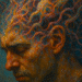 A man with his eyes closed, head bowed, as colorful, root-like tendrils swirl from his scalp, visually representing parasitic thoughts invading his mind.