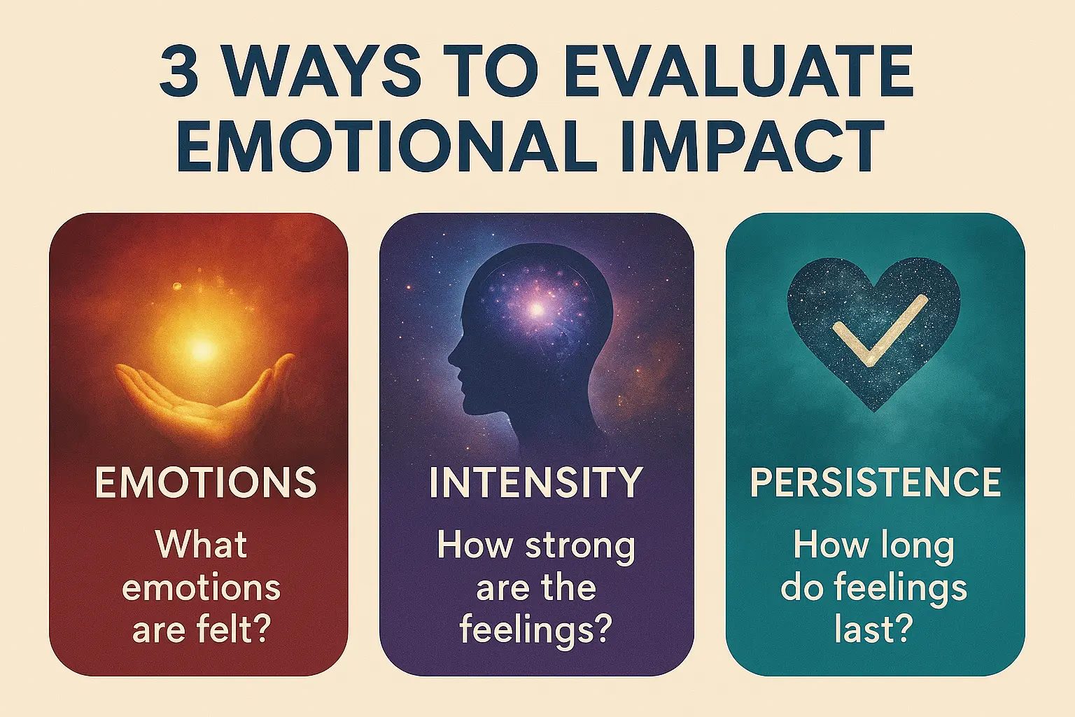 Infographic showing three metaphysical ways to evaluate emotional impact—emotions, intensity, and persistence—with cosmic and spiritual imagery, encouraging viewers to protect your energy.