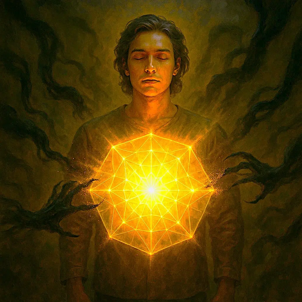 A serene man projects a powerful shield of light from his core, a visual way to stop manipulation as it effortlessly disintegrates dark, claw-like hands.