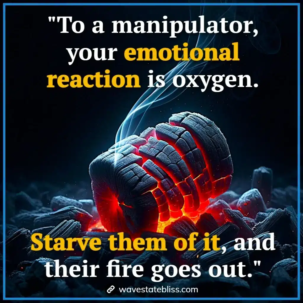 A glowing piece of charcoal radiates heat amid darker coals, overlaid with the quote: “To a manipulator, your emotional reaction is oxygen. Starve them of it, and their fire goes out,” emphasizing the need to stop manipulators by denying emotional fuel.