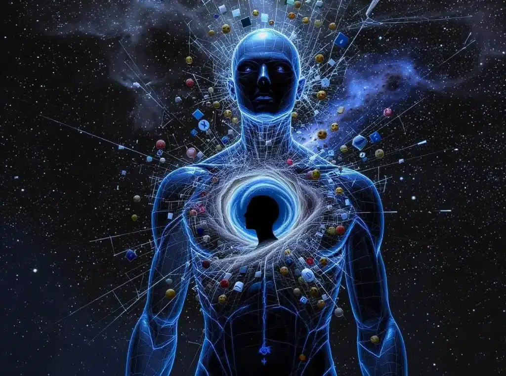 A digital art piece of a shattering humanoid figure exploding with social media icons, revealing a serene void at its core—a powerful visual metaphor for shedding the ego to find true bliss.