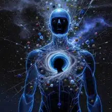 A digital art piece of a shattering humanoid figure exploding with social media icons, revealing a serene void at its core—a powerful visual metaphor for shedding the ego to find true bliss.