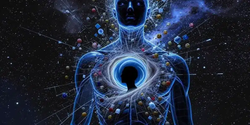 A digital art piece of a shattering humanoid figure exploding with social media icons, revealing a serene void at its core—a powerful visual metaphor for shedding the ego to find true bliss.