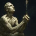 Statuesque marble figure kneeling in prayer beneath a starry cosmos, with a frayed golden thread of light symbolizing unanswered prayers.