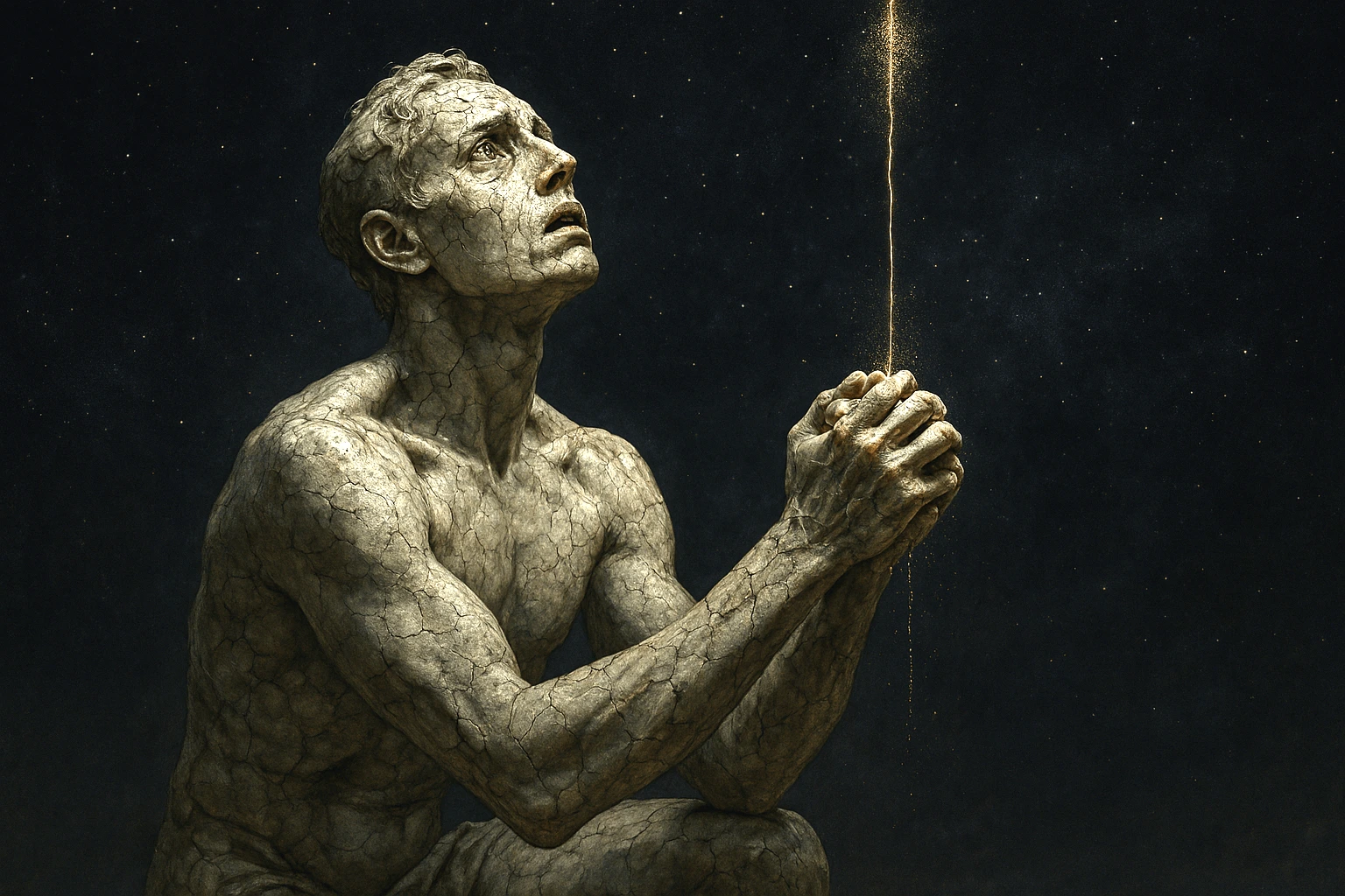 Statuesque marble figure kneeling in prayer beneath a starry cosmos, with a frayed golden thread of light symbolizing unanswered prayers.