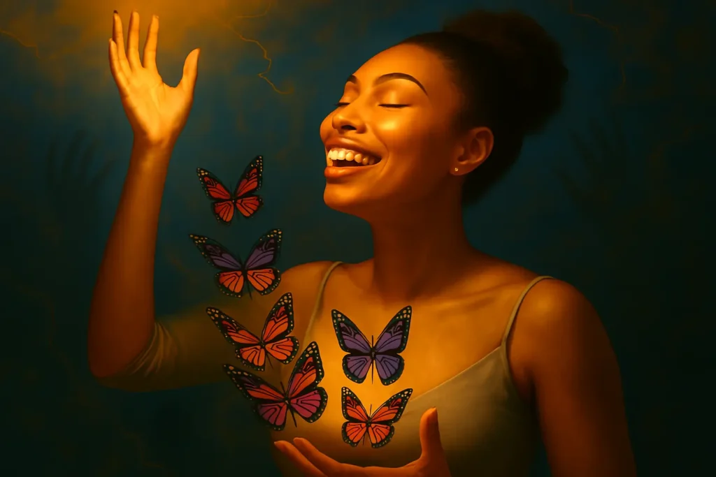 A modern African-American woman in her 30s reaches toward a radiant golden light with eyes closed and a joyful expression. Vibrant butterflies in shades of orange, purple, and teal emerge from her glowing chest, symbolizing transformation. She wears a stylish off-shoulder beige top, and her natural curly hair is tied in a bun. The background is deep blue with lightning-like cracks and faint shadowy hands, creating a dramatic contrast between light and darkness.