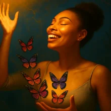A modern African-American woman in her 30s reaches toward a radiant golden light with eyes closed and a joyful expression. Vibrant butterflies in shades of orange, purple, and teal emerge from her glowing chest, symbolizing transformation. She wears a stylish off-shoulder beige top, and her natural curly hair is tied in a bun. The background is deep blue with lightning-like cracks and faint shadowy hands, creating a dramatic contrast between light and darkness.
