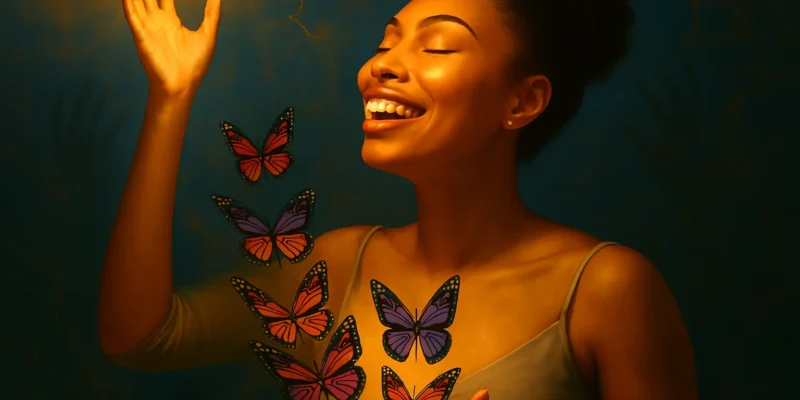 A modern African-American woman in her 30s reaches toward a radiant golden light with eyes closed and a joyful expression. Vibrant butterflies in shades of orange, purple, and teal emerge from her glowing chest, symbolizing transformation. She wears a stylish off-shoulder beige top, and her natural curly hair is tied in a bun. The background is deep blue with lightning-like cracks and faint shadowy hands, creating a dramatic contrast between light and darkness.