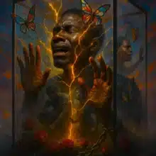 A symbolic image illustrating why joy feels unsafe—a person presses against glass as lightning and butterflies surround them, embodying the emotional conflict between trauma and happiness.