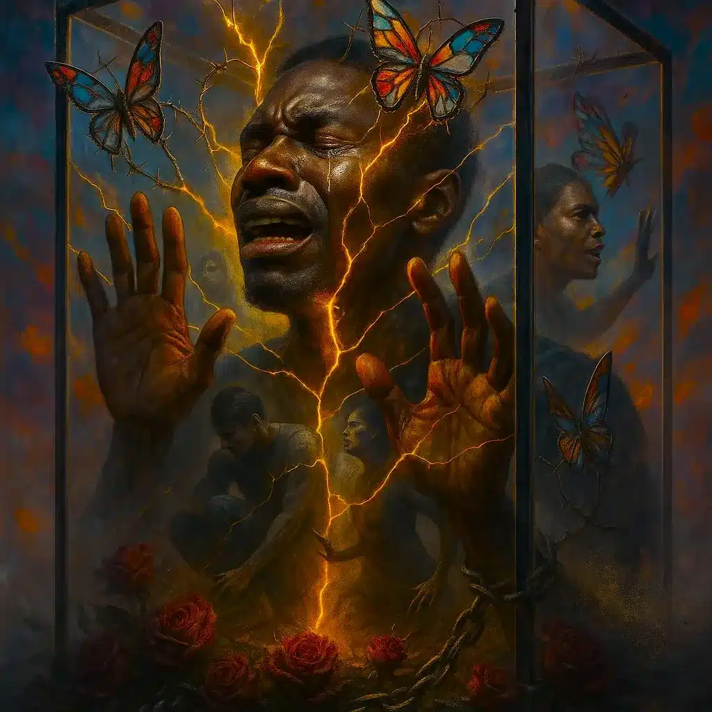 A symbolic image illustrating why joy feels unsafe—a person presses against glass as lightning and butterflies surround them, embodying the emotional conflict between trauma and happiness.