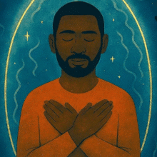 Illustration of a man with closed eyes and arms crossed over his chest, glowing with calm inside a protective aura, while shadowy figures around him appear to argue and point—symbolizing how to protect your energy from draining influences.