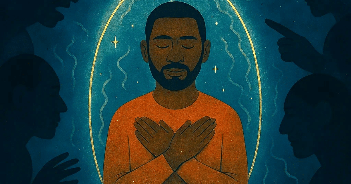 Illustration of a man with closed eyes and arms crossed over his chest, glowing with calm inside a protective aura, while shadowy figures around him appear to argue and point—symbolizing how to protect your energy from draining influences.