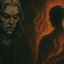 Artistic depiction of an emotional vampire draining a glowing silhouette's energy through swirling orange currents