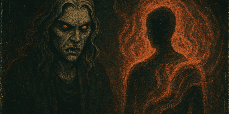 Artistic depiction of an emotional vampire draining a glowing silhouette's energy through swirling orange currents