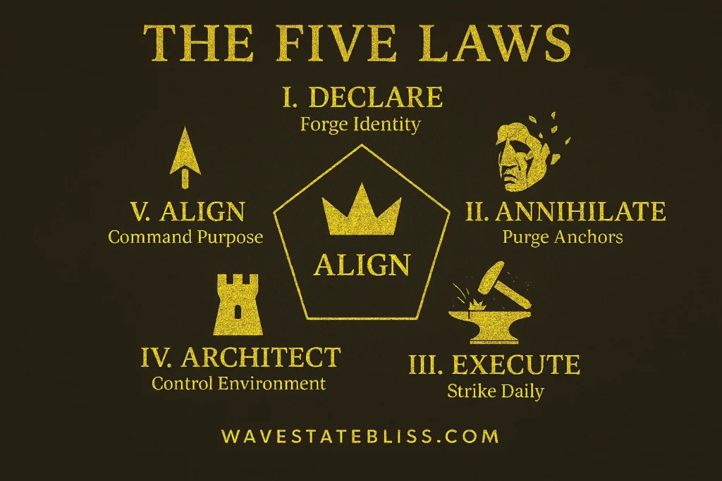 Visual framework titled "The Five Laws" designed to help you reinvent yourself, featuring five strategic principles: Declare (Forge Identity), Annihilate (Purge Anchors), Execute (Strike Daily), Architect (Control Environment), and Align (Command Purpose), with a central crown symbol emphasizing alignment as the core.