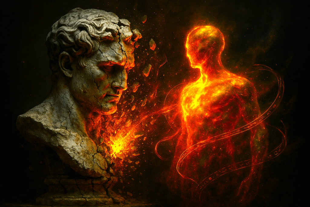 Reinvent yourself. A dramatic digital artwork depicting a cracked Greco-Roman marble bust on the left, symbolizing a decaying identity. The bust is fractured and weathered, with glowing embers and fragments breaking away. From its core, a radiant, molten-gold humanoid figure emerges on the right, composed of swirling cosmic energy and light. This new form is ethereal and undefined, surrounded by glowing alchemical symbols and golden tendrils. The background is a dark void with faint nebulae, emphasizing the stark contrast between destruction and rebirth. The scene evokes transformation, identity reinvention, and spiritual awakening.