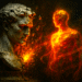 Reinvent yourself. A dramatic digital artwork depicting a cracked Greco-Roman marble bust on the left, symbolizing a decaying identity. The bust is fractured and weathered, with glowing embers and fragments breaking away. From its core, a radiant, molten-gold humanoid figure emerges on the right, composed of swirling cosmic energy and light. This new form is ethereal and undefined, surrounded by glowing alchemical symbols and golden tendrils. The background is a dark void with faint nebulae, emphasizing the stark contrast between destruction and rebirth. The scene evokes transformation, identity reinvention, and spiritual awakening.