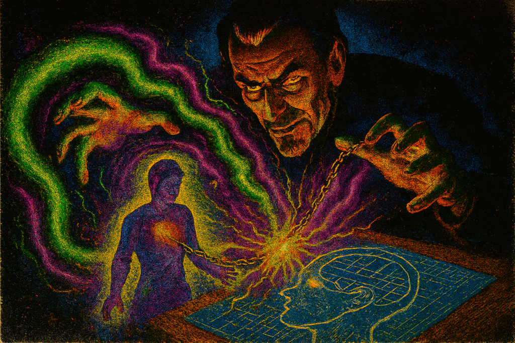 A menacing, shadowy figure looms over a smaller, glowing figure. The shadowy figure holds a chain that extends from the glowing figure's chest to a blueprint of a brain on a table. The scene is illuminated by an eerie glow, suggesting a theme of being controlled or manipulated, similar to the feeling of being gaslighted.