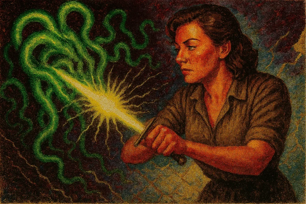 A dramatic, stylized painting of a person gripping a radiant, sword-like object that emits intense light, pushing back eerie green tentacle-like energy. The figure’s determined expression and stance suggest a battle against manipulation or unseen forces, evoking the question: am I being gaslighted?