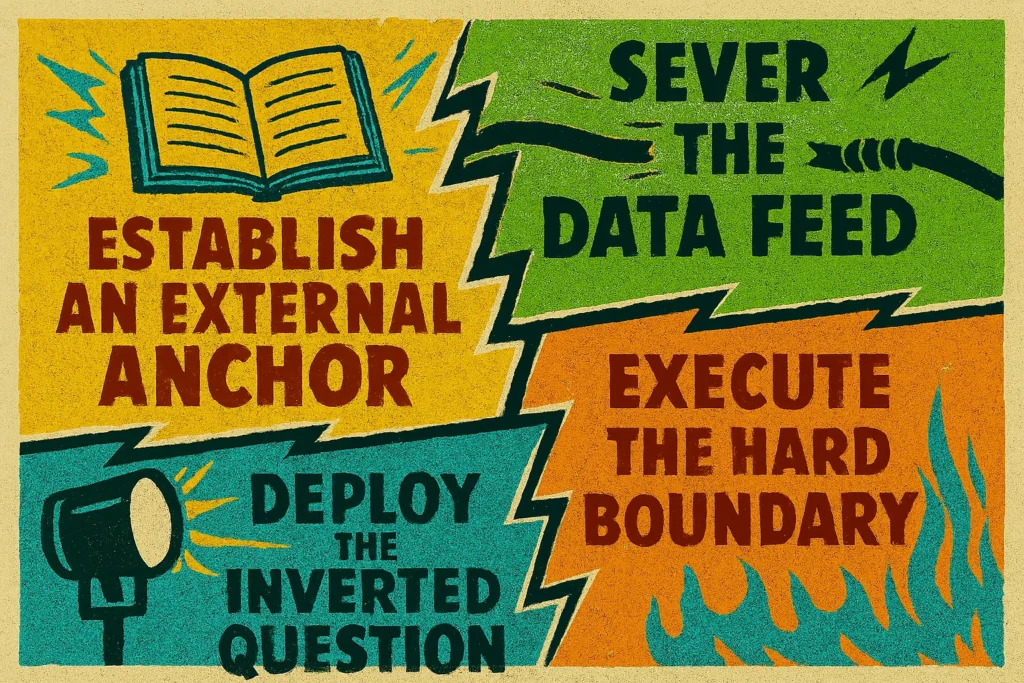 A graphic with four panels, each with a different action step and a corresponding icon, that collectively offer a plan to deal with manipulation or misinformation. The panels read: "Establish an External Anchor" with an open book icon; "Sever the Data Feed" with a severed cable icon; "Deploy the Inverted Question" with a megaphone icon; and "Execute the Hard Boundary" with a fire icon. The style is reminiscent of a retro public service announcement or a propaganda poster, suggesting a strategic guide for navigating situations like being gaslighted.