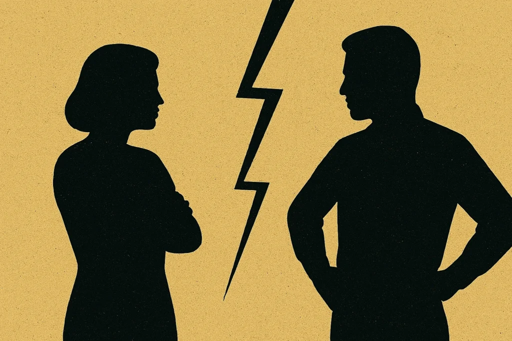 Two neutral silhouettes face off across a jagged lightning bolt, symbolizing emotional tension and the psychological standoff of guilt trips.