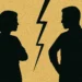 Two neutral silhouettes face off across a jagged lightning bolt, symbolizing emotional tension and the psychological standoff of guilt trips.
