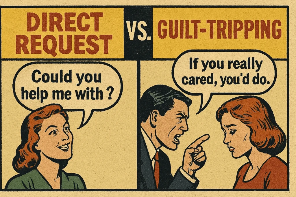 Vintage pulp-style infographic contrasting a direct request ("Could you help me with this?") with a guilt-tripping statement ("If you really cared, you'd do it").