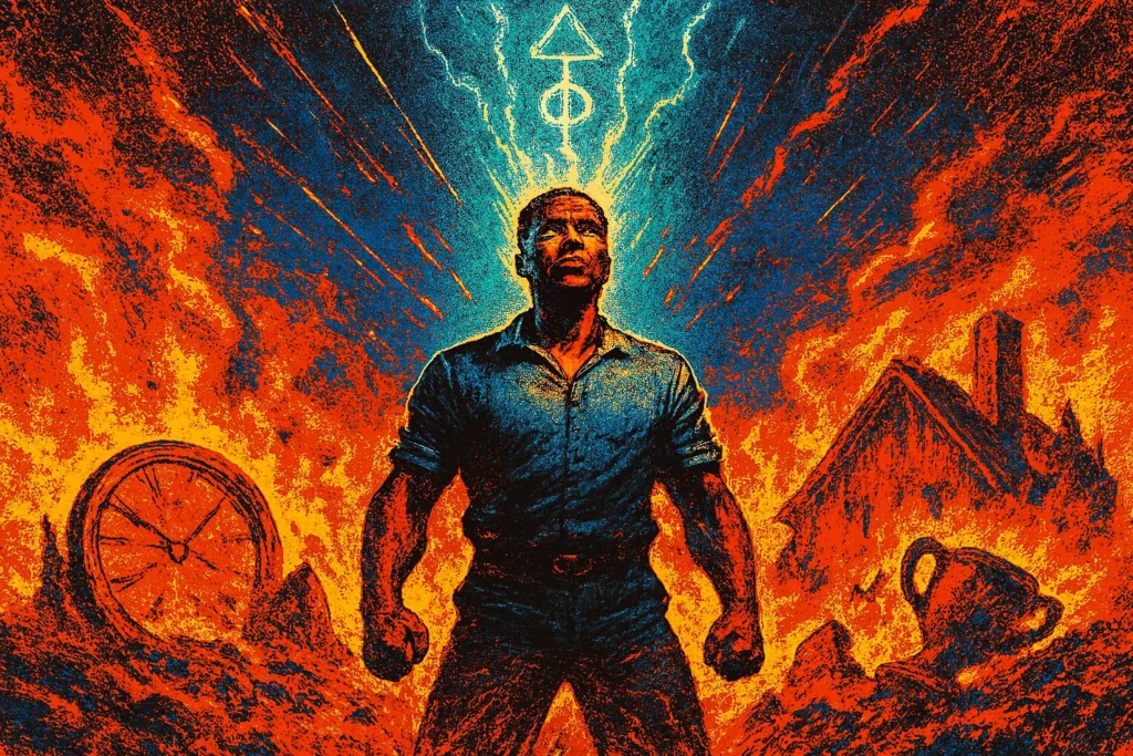 A defiant Black man stands amidst fiery ruins, broadcasting a cyan energy beam into the sky—symbolizing the moment he chooses to reboot his frequency.