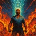 A defiant Black man stands amidst fiery ruins, broadcasting a cyan energy beam into the sky—symbolizing the moment he chooses to reboot his frequency.