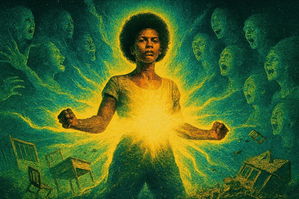 A powerful Black woman stands at the center of a cosmic shockwave, radiating white-gold energy that violently blasts away ghostly figures and crumbling remnants of her past life—symbolizing the moment she reboots her frequency.